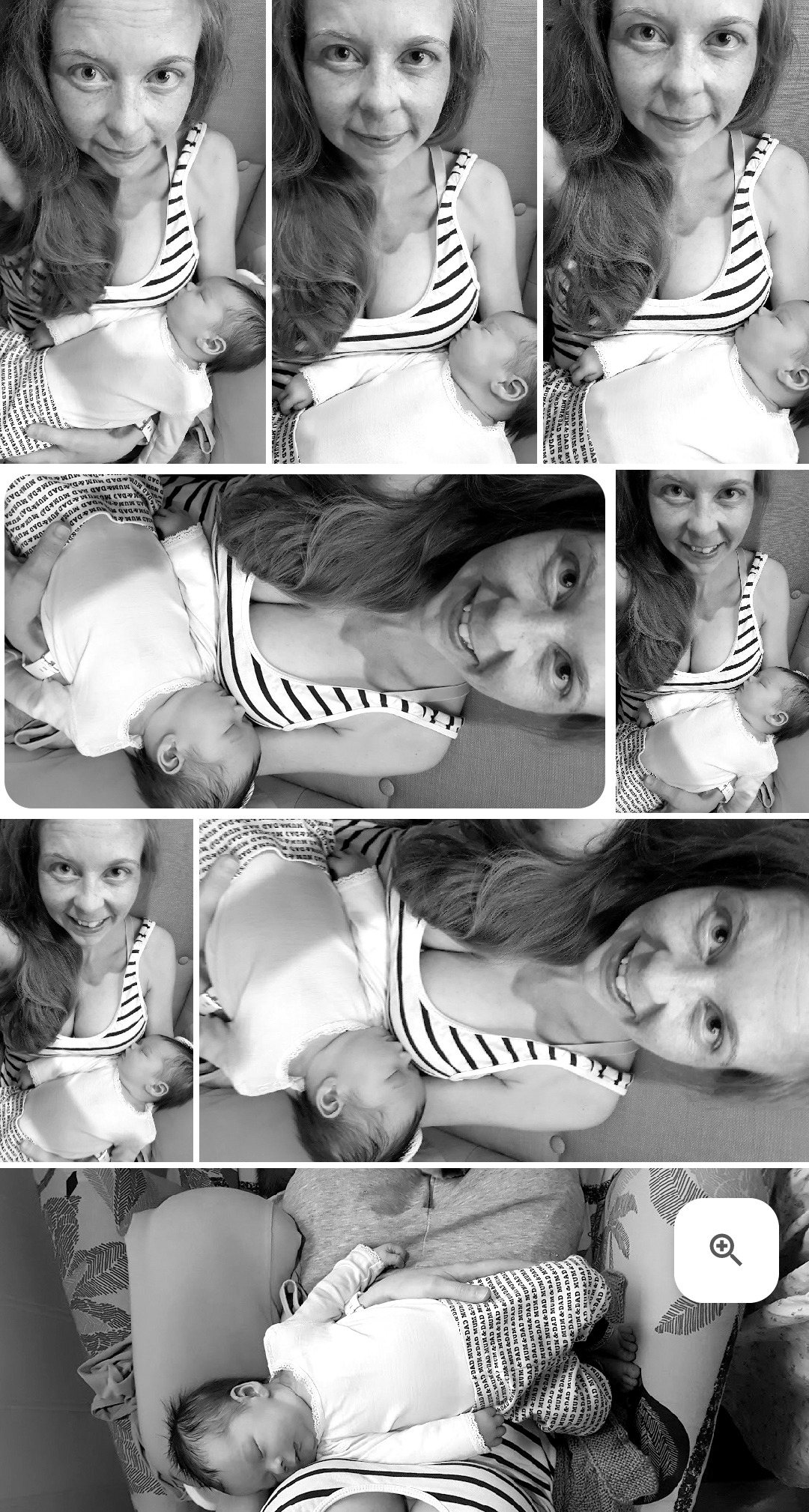 Screenshot i sort/hvitt av et mobiltelefon galleri. Mange like bilder; selfie av mor og baby.