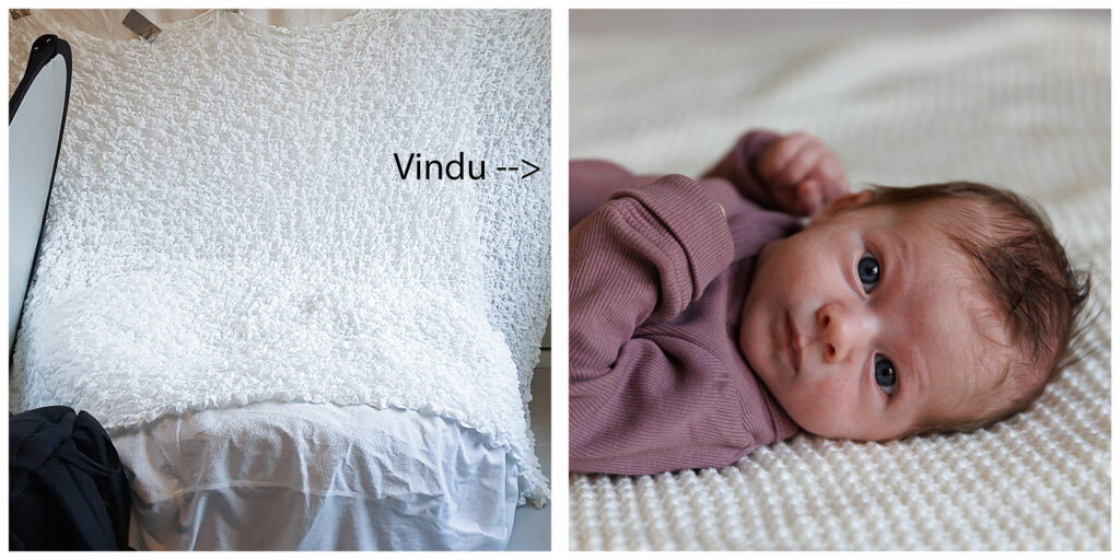 To bilder satt sammen; til høyre er en baby som sre mot kamera, til venstre er det et hvitt pledd på en saccosekk. 