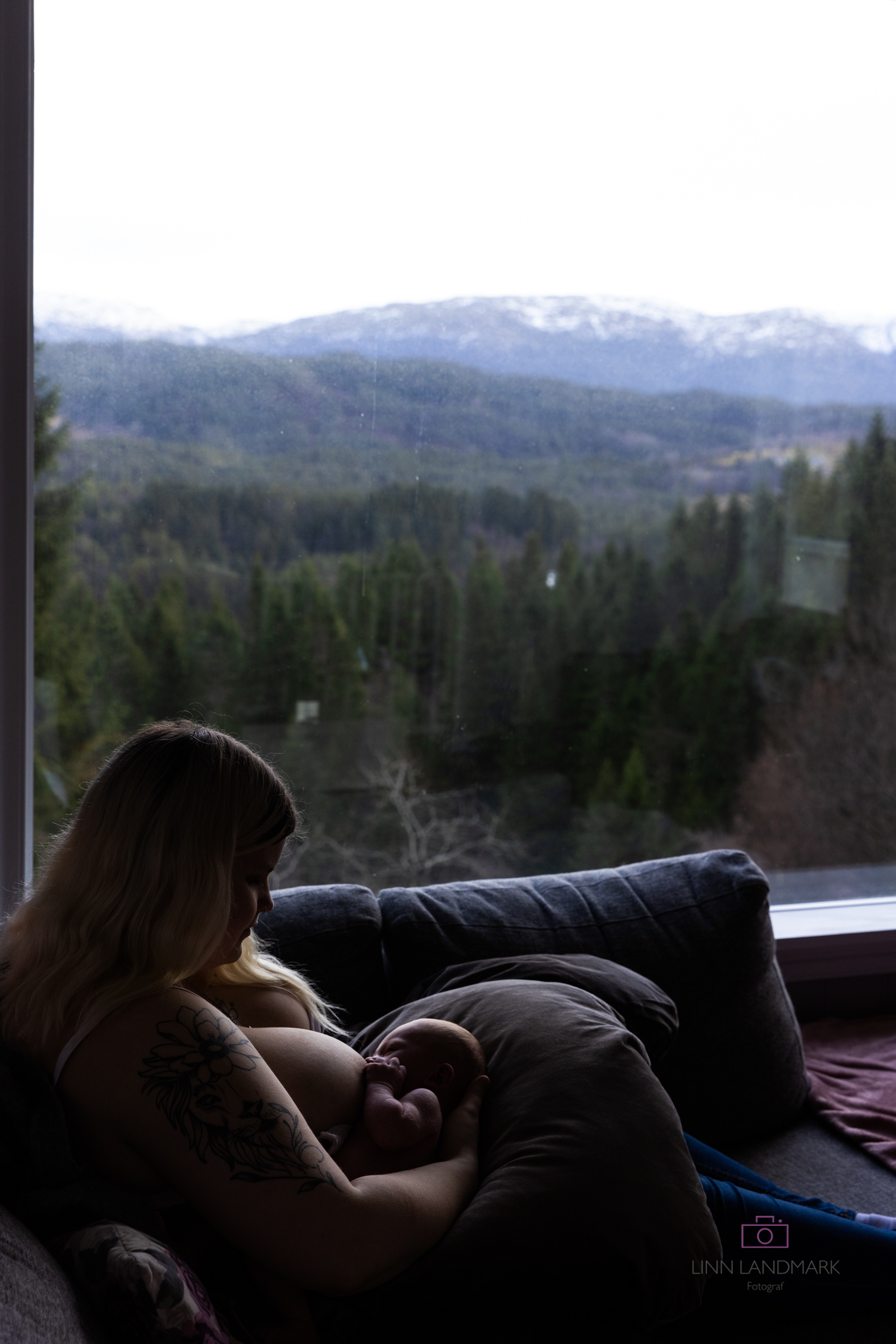 Bilde av en mor som ammer, utsikt over skog. Kan KI erstatte fotografen.