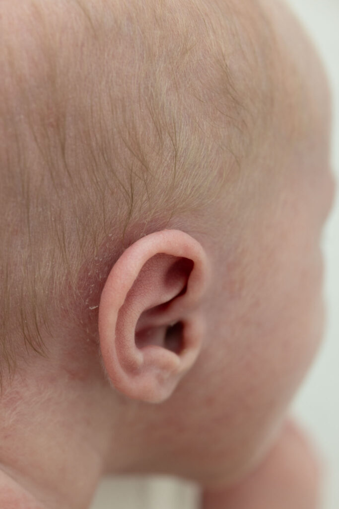 De små detaljene - detaljbilde av øret til en nyfødt baby,